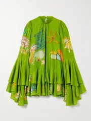 [ALÉMAIS] ALÉMAIS - + Sam Pauletto Aquatica Ruffled Tiered Printed Silk-habotai Mini Dress - Green - US8 US 8 Green
