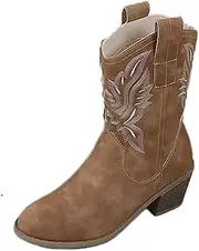 [Lausiuoe] Cowboy Boots For Women Wide Calf Knee High Western Cowgirl Boots Embroidered Chunky Heel Fashion Boot Pull-On
