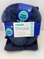 Travel Blanket Neck Pillow Set Super Flannel Navy Blue Plane Car Long Flight New