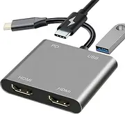 USB C to Dual HDMI Adapter for Monitor, USBC Laptop Docking Station Dual Monitor Dongle MacBook, USB-C Hub Powered Mac, USB 3.0 to USB C Adapter Cable with Fast Charging Chromebook, Type C Dock