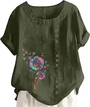 [Generic] Womens Long Sleeve Tees T Shirt Boho Tanic Size Tops Womens Linen Loose Daily Blouse Plus Button Casual Women's Blouse Hiking Shirts Women (Green-4, M)