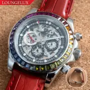 40mm Automatic Mechanical Watch Silver Luxury Stones Red Leather Strap Gift