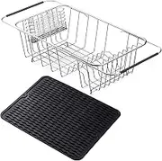 Stainless Steel Dish Drying Rack with Transparent Foot Pad Expandable Fruit & Vegetable Drain Rack Over Sink Dish Drainer Rack in Sink with Stainless Steel Utensil Holder & 1 PCS Black Silicone Mat