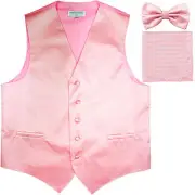 New men's tuxedo vest waistcoat & bow tie set horizontal stripes formal pink