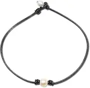 [Wunionup] Pearl Black Leather Choker Necklace Genuine Leather Wrap Rope Pearl Choker Necklace Jewelry with 2.0mm Black Genuine Leather Cord 14 15 16 18 Inch