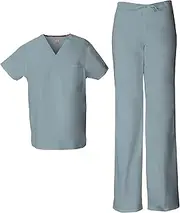 [Dickies] EDS Signature Unisex Scrubs Set 83706 Tuckable V-Neck Top & 83006 Drawstring Pant, Grey-M Top/S Pant, White, Large Top / Medium Pant