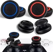 PlayRealm NO Falling Off Thumbstick Extender x 2 & Thumb Grip x 4 for PS5 & PS4 Controller (Black Red + Blue Ring)