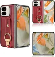 Compatible with Google Pixel 9 Pro Fold Case Cover,PU Retro Cell Phone case with Wrist Strap Compatible with Google Pixel 9 Pro Fold 5G Case Red