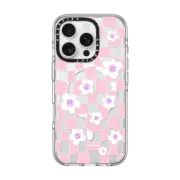 iPhone 16 Pro Clear Case MagSafe Compatible Pink Checkered Flowers