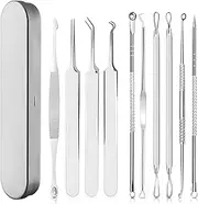 Blackhead Remover Tool Set, 10 Pcs Professional Curved Tweezer Tool Acne Removal Kit - Treatment for Pimples, Blackheads, Zit Removing, Forehead,Facial and Nose(All Silver)