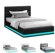ALFORDSON Bed Frame King Single Size with LED Light & Gas Lift Storage Base, Bed Platform Foundation with PU Leather Upholstered Tufted Headboard for Mattress Topper, Max 200kg, Bertold Black