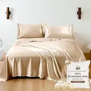 THXSILK 100% Silk Sheet Set, 7A+ Silk Sheet Set Soft Breathable, Luxury Bedding (1 Flat Sheet, 1 Fitted Sheet, 2 Pillow Shams) Queen, Champagne