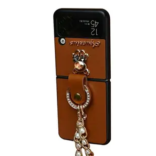 三星 Galaxy Z Flip 4 手機殼 鑲鑽小熊 三星摺疊手機殼 指環扣 珍珠掛繩 Flip Flip 3 保護套