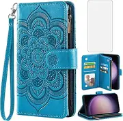 [Asuwish] Phone Case for Samsung Galaxy S23 5G Wallet Cover with Tempered Glass Screen Protector and Flower Leather Flip Credit Card Holder Stand Cell S 23 23S GS23 G5 SM-S911U 6.1 inch Women Men Blue