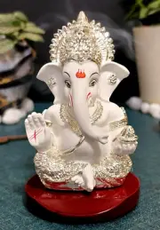 Ganesh Idol Silver Plated White on MDF Base For Car Dashboard, Home(3.5 x 2 in)