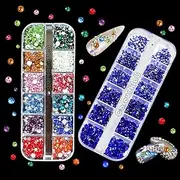 Careuoklab 2 Boxes Colorful Glass Crystals of Flatback Rhinestones, Multi Sizes 3D Nail Art Gems Stones for Nails Crafts and DIY Decoration (Multicolor + Sapphire Blue)