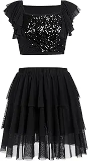 [IBAKOM] Lyrical Dance Dress for Women Square Neck Sparkly Sequins Crop Top Tiered Chiffon Midi Skirt Contemporary Dance Outfit