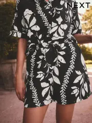 Black/White Floral Print Broderie Stretch 100% Cotton Waist Shorts (AD0162) | $56