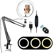 10 Inch Ring Light P graphy Fill-in Light 3 Lig ng Modes Dimmable USB Powered with Clip-on Light Stand Ballhead Adapter Phone Holder Remote S er for Live Video Network Broa t Selfie Black One Size