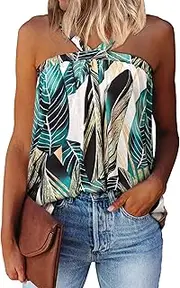 [ZXZY] Women Hawaii Sleeveless Halter V Neck Backless Sexy Loose Fit Tank Tops T Shirts