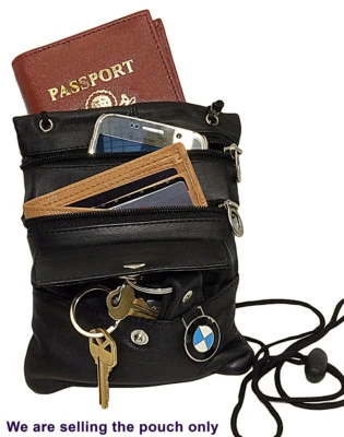 Black Leather Neck Pouch Travel Passport Flap Pocket 4 Zip Bag Strap U.S Seller