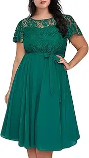 [Nemidor] Women's Scooped Neckline Floral lace Top Plus Size Cocktail Party Midi Dress (28, Green)