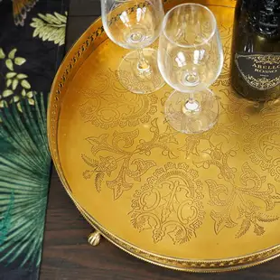 費靈家居進口黃銅歐式復古圓形雕花手工托盤 茶盤收納盤奢華裝飾