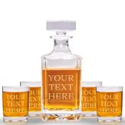 Custom Text Whiskey Decanter & Drinking Glasses Set - Engraved Whisky Glassware