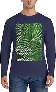 [GaxfjRu] Lush Green Palm Leaves Print Casual Crewneck Lightweight Sweater Men's Long Sleeve Shirts, Sizes S-3X, Navy Blue, XXL