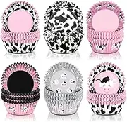 Vesici 600 Pieces Cow Print Cupcake Liners Wrappers 2 x 1.2 Inch Farm Animal Themed Muffin Cupcake Holders Pink Cow Baking Liners Holders Cases for Baby Shower Wedding Birthday Party Supply, 6 Styles
