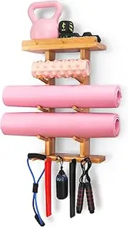 Wooden Yoga Mat Storage With Top Shelf and Gym Accessory Holder - Wall Mount Organizer - Home Gym Storage Rack