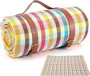 79"x79" Extra Large Picnic Mat，Thickening with Three-Layer Waterproof PU and Portable Leather Shoulder Strap Tote Bag， Picnic Mat Waterproof and Sand-Proof(Neon)