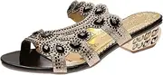 [Generic] Women Fashion Rhinestones Heeled Slides Glitter Sequins Low Heel Mules Sandals Open Peep Toe Hoilday Flip Flops (03 Black 6.5 UK)