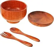 FUNNETOYU 1 Set Natural Wooden Salad Bowl Cooking Ware with Spoon Fork Multi Functional Deep Serving Bowl for Fruits Soup Noodles Easy to Clean Sturdy Design