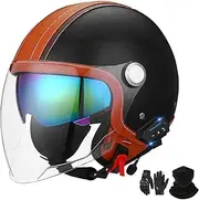 Bluetooth Motorcycle Helmet ECE Certification Leather Jet Helmet for Adults Scooter Helmet Jet Helmet Men Women with Double Sun Visor