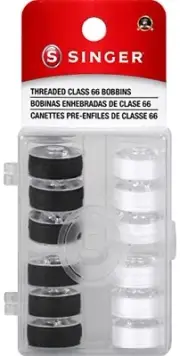SINGER 30027 Class 66 Threaded Bobbins, Transparent, Black & White, 12-Count