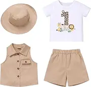 [FYMNSI] Baby Boys 1st Birthday Outfit Jungle Party Photoshoot Short Sleeve T-Shirt Shorts Vest Hat 4-Piece Set, khaki, 9-12 Monate