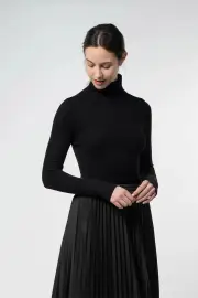 Tahlia Pullover – 100% Wool Super Soft Thick Rib High Neck Long Sleeve Pullover, Black / M