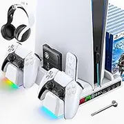 Kytok PS5 Stand with 3-Level Cooling Fan, PS5 Controller Charger with LED Light for Dual PS5 Controllers, PS5 Cooling Station with Headset Holder, Safety Screw