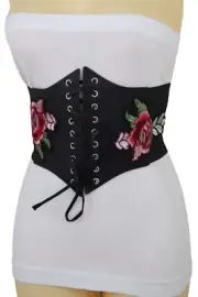 Women High Waist Wide Black Color Corset Elastic Band Belt Red Flowers Size S M