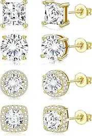 [Generic] LYLYMIMI 4 Pairs Cubic Zirconia Stud Earrings | 18K White Gold Hypoallergenic Sterling Silver Post Earrings | Brilliant Large Simulated Diamond Halo Stud Earrings for Women Men