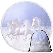 Beautiful Running White Horses the Snow Horses Round Beach Towel