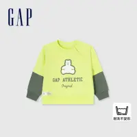 在飛比找momo購物網優惠-【GAP】男幼童裝 Logo假兩件小熊印花圓領大學T-黃色(