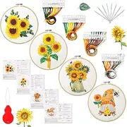4 Set Embroidery Kit for Beginners Sunflower Adults Cross Cloth DIY Needlepoint Kit with Floral Gnome Stamped Patterns, Instructions, Embroidery Hoops, Needles, Colorful Threads, Needle Threader