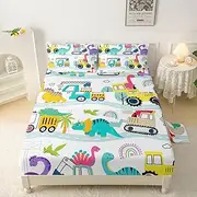 QOOMO Cartoon Dinosaur Kids Sheets Set Construction Full Boys Bedding Set Trucks Super Soft Kids Bedding Set Breathable Room Decoration Full Size 1 Fitted Sheet, 1 Flat Sheet, 2 Pillow Cases