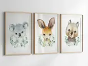 Set of 3 x A4 Nursery Baby Kids Wall Prints, Koala Kangaroo Wombat Wall Art
