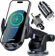 SyncNest Wireless Car Charger Qi 15W Fast Charging Windshield Dashboard Mount Phone Holder Smart Sensor Auto Clamping and Alignment for iPhone 15/14/13/12, Samsung Galaxy, Google Pixel, with Adapter