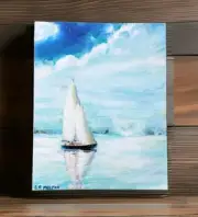 Original OOAK Painting Signed Sailboat On Water Sailing Canvas Panel Blue USA