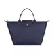 LONGCHAMP LE PLIAGE GREEN刺繡LOGO再生尼龍摺疊款短把拉鍊手提包(中/藏青藍x藏青藍)