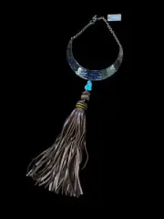 Chico's Lauren Hammered Silver Collar Leather Tassel Necklace MSRP $99 NWT